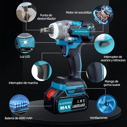 Llave Pistola De Impacto Inalámbrica + Kit Súper Completo con 2 Baterías